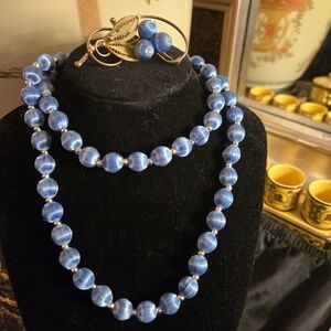 Vintage Blue Moonglow Bead Necklace w/ Filigree Floral Toggle Pendant